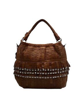 Ameri Leather Brown Studded Tutu Leather Shoulder Bag